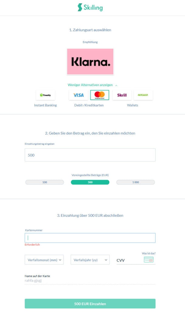 Skilling Einzahlung
