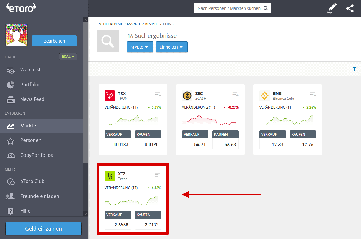 Tezos Handelspaar auf eToro