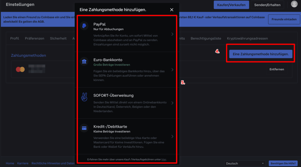 Coinbase Zahlungsmethode wählen