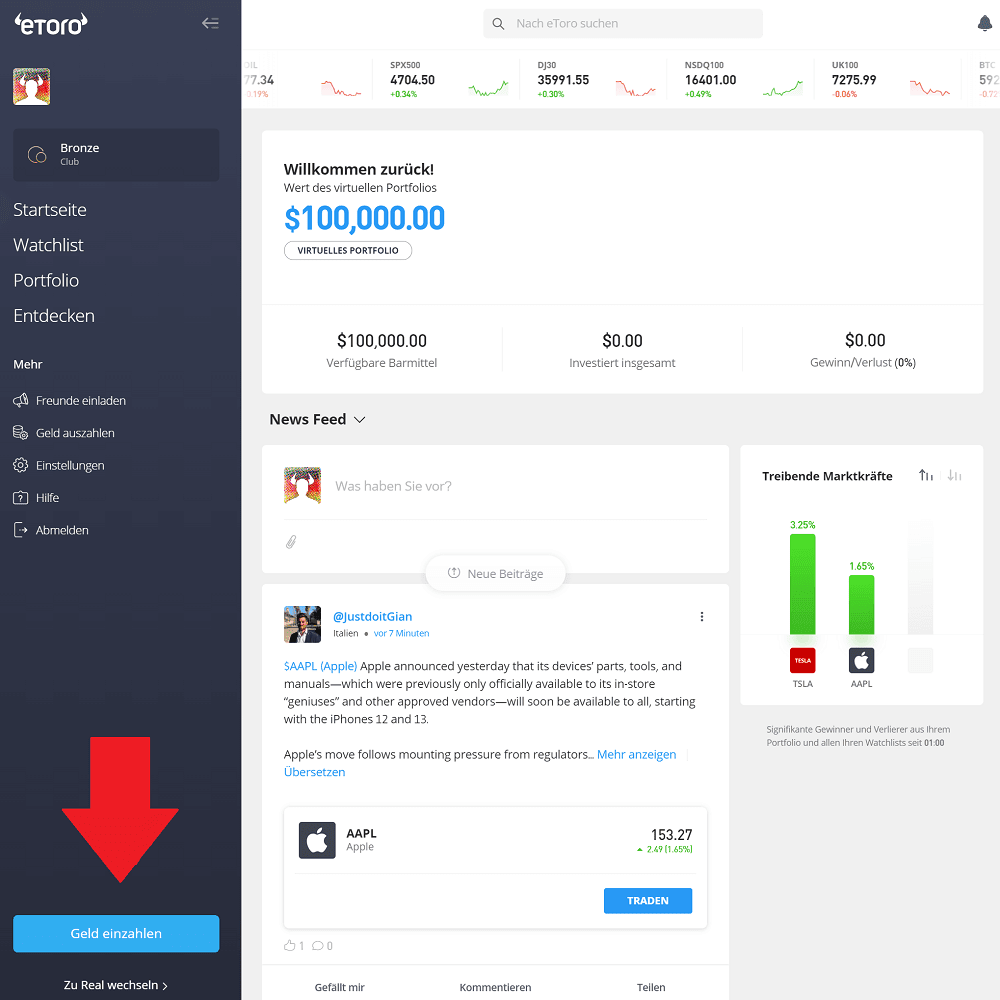 eToro Konto Geld einzahlen
