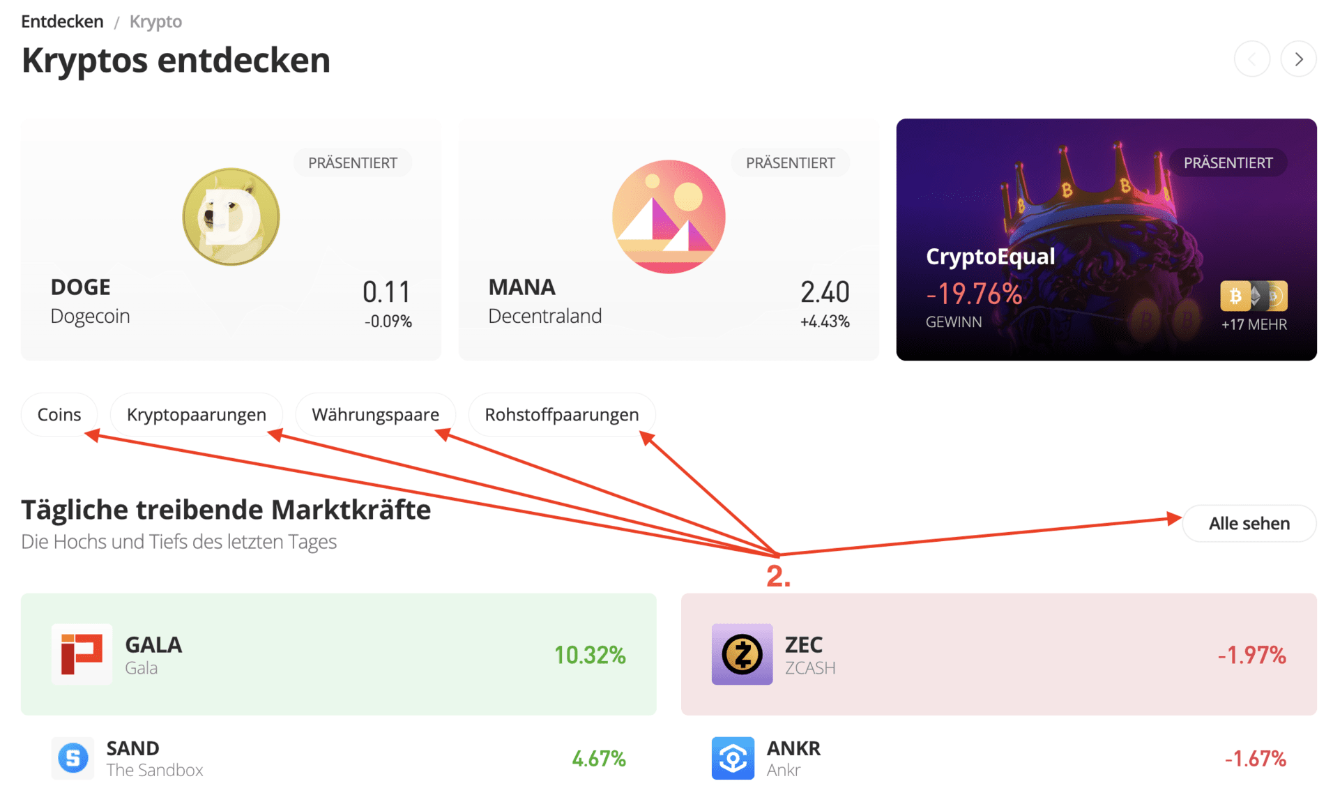 eToro Kryptowährungen auswählen