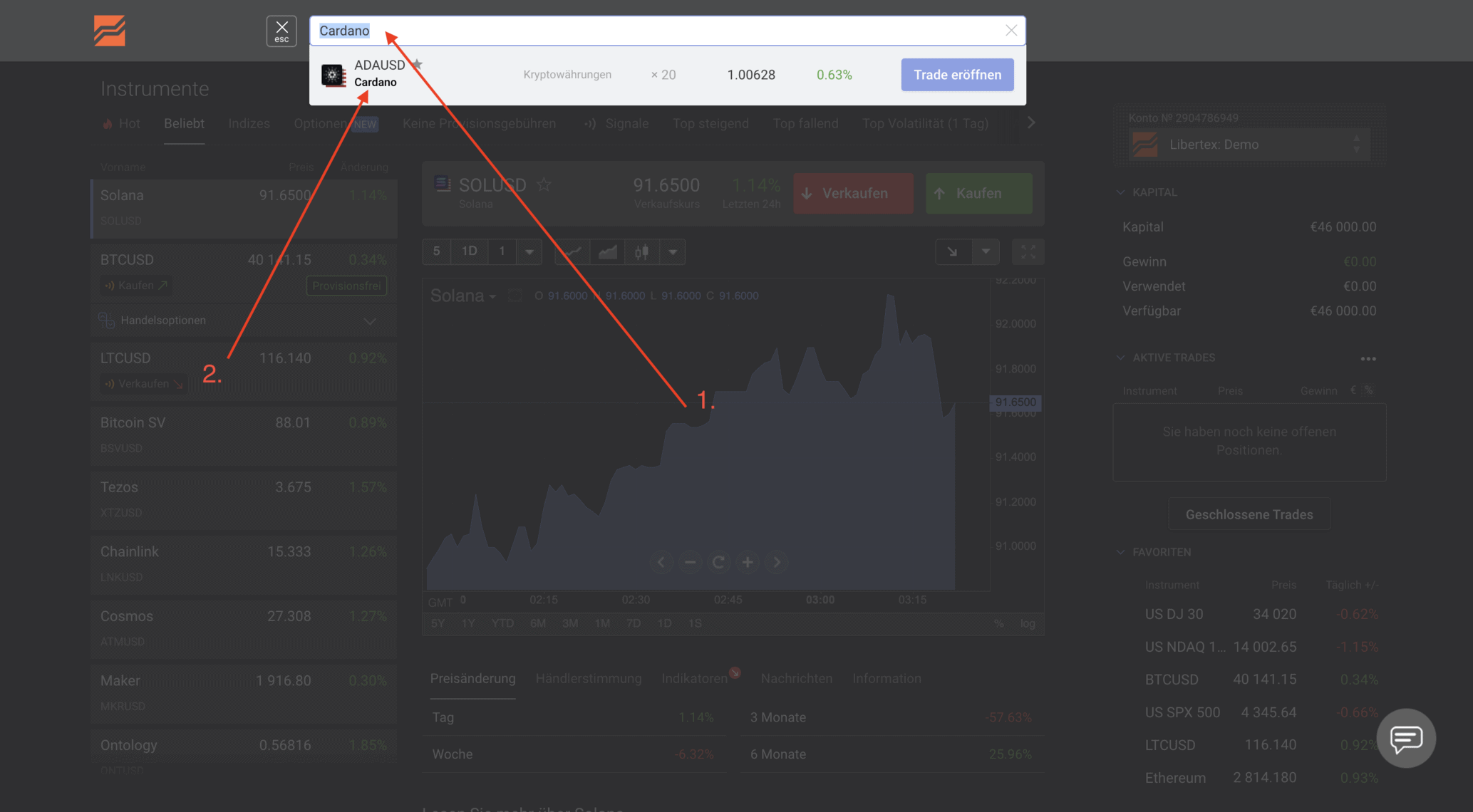 Libertex Cardano in Suchleiste eingeben und Handelspaar ADA/USD auswählen