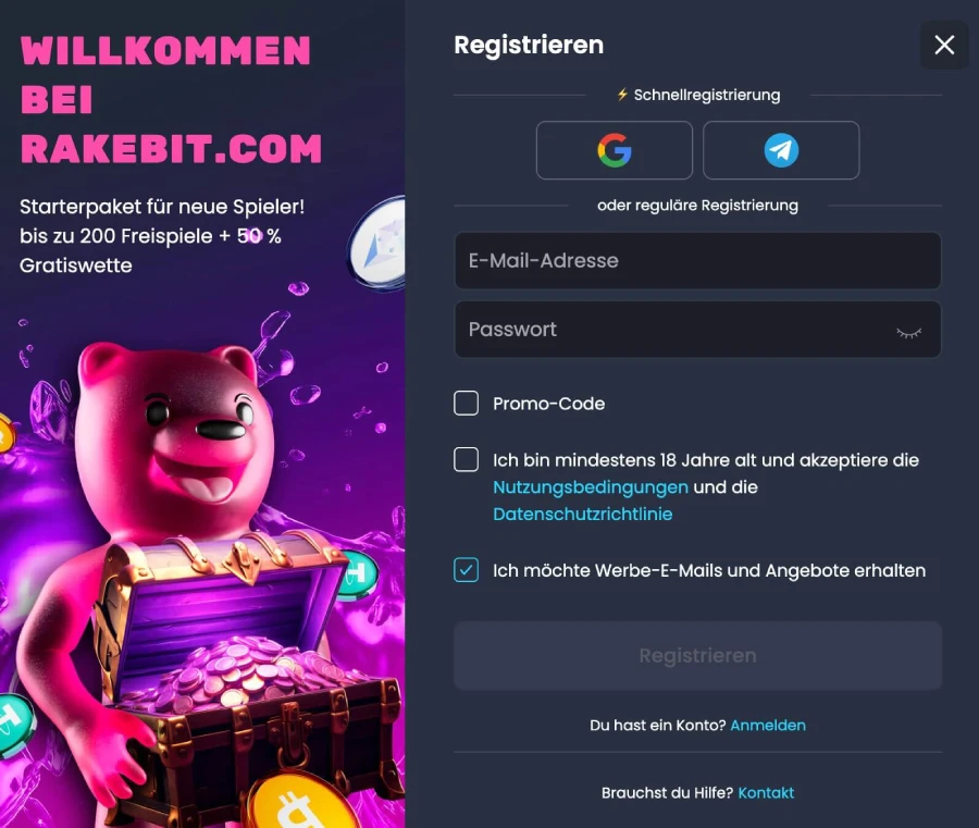 Registrierungsseite RakeBit