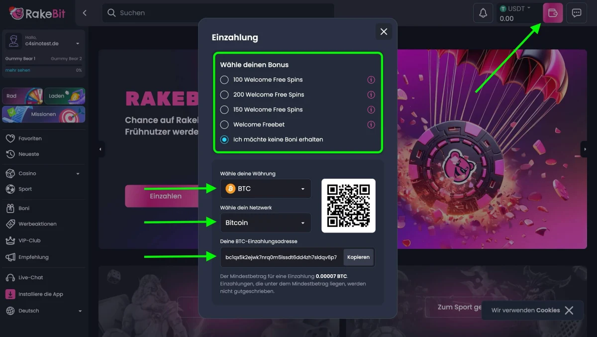 Geld einzahlen bei RakeBit