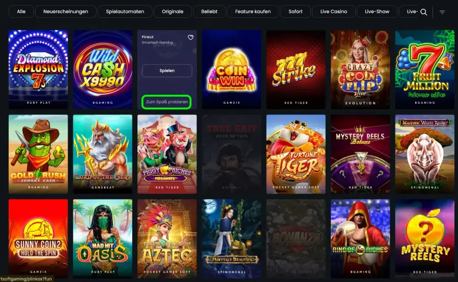 Spielauswahl bei Rakebit