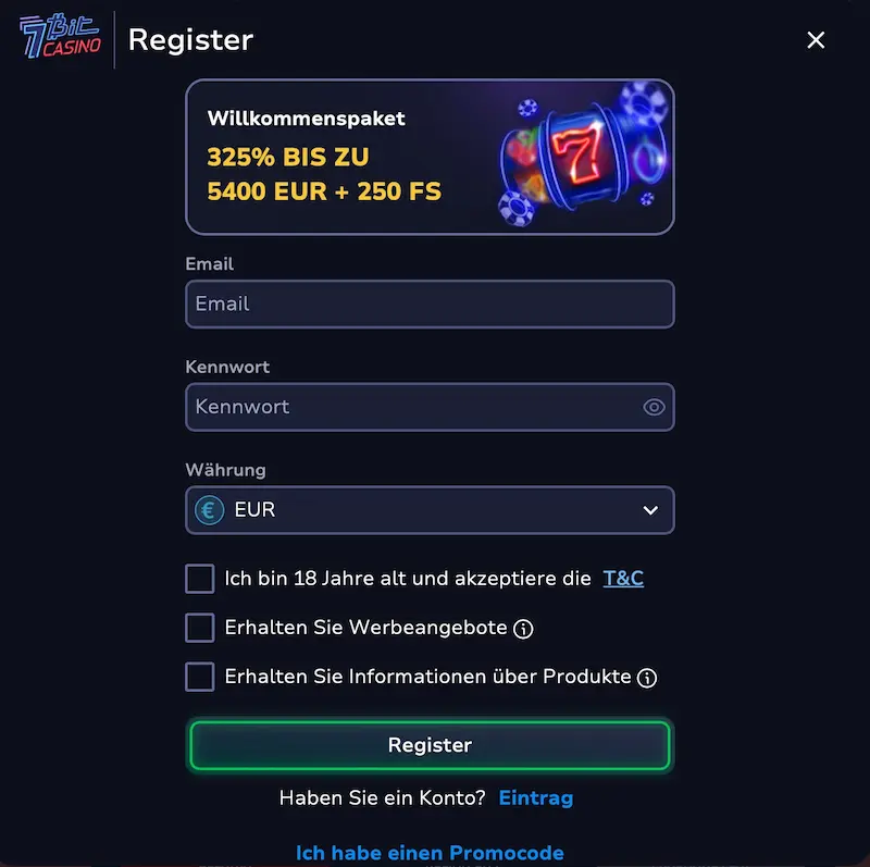 7bitcasino-anmeldeseite