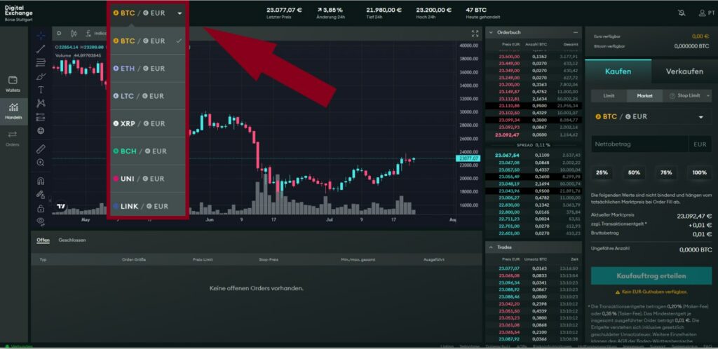 BSDEX Währung aussuchen