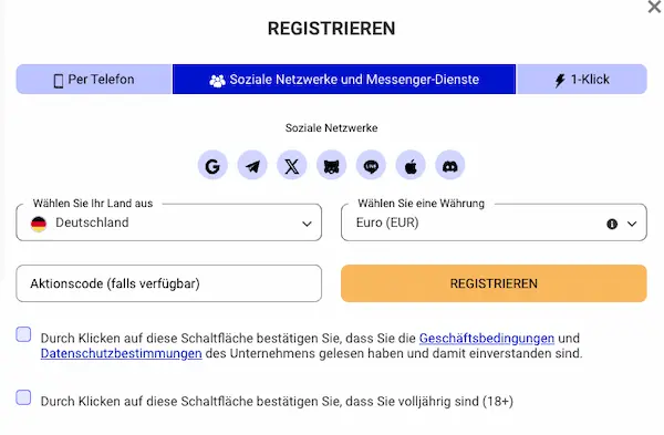 paripesa anmeldung mit sozialen medien und messanger